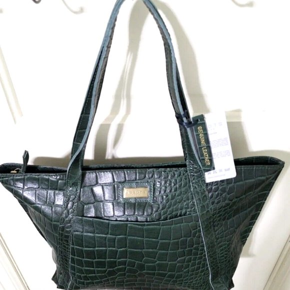 NEW Assots London AGNES Forest Green Croc 100% Leather Satchel Handbag Purse Zip - Picture 7 of 12